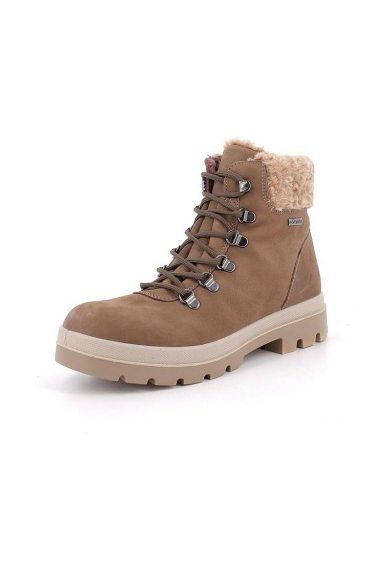 Stivale da trekking in suede marrone con colletto in morbido tessuto beige, occhielli in metallo e chiusura con lacci. Dotato di una suola in gomma resistente con battistrada profondo.