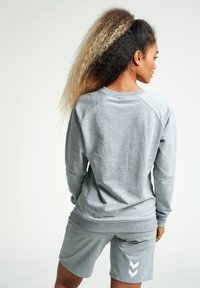 Felpa grigia con maniche lunghe e design raglan, abbinata a pantaloni corti grigi con un motivo a chevron bianco sul lato. Texture liscia.