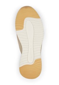 Suola della scarpa con un design testurizzato a onde, esterno in gomma beige chiaro e intersuola bianca crema; interno liscio per il comfort.