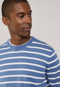 Maglione a strisce blu e bianche, con collo rotondo, realizzato in tessuto morbido, caratterizzato da una texture liscia e da strisce orizzontali uniformi.