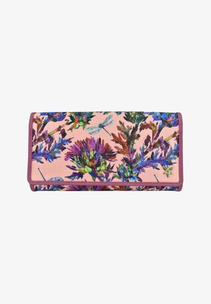 Bloemige portemonnee met een roze achtergrond, versierd met kleurrijke planten- en libelleprint. Afgewerkt met een paarse rand en een gouden steraccent.