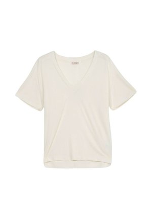 Tricou crem cu decolteu în V, realizat dintr-un material moale, având mâneci scurte și o croială lejeră, cu un tiv ușor curbat.