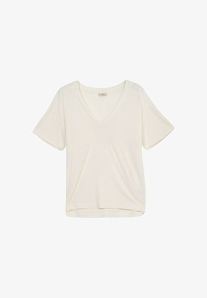 Tricou crem cu decolteu în V, realizat dintr-un material moale, având mâneci scurte și o croială lejeră, cu un tiv ușor curbat.