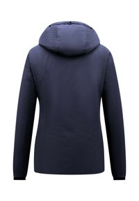 Marineblauwe jas met capuchon, gemaakt van een glad, lichtgewicht materiaal. Heeft doorgestikte naden en aansluitende manchetten voor een gestroomlijnde vorm.