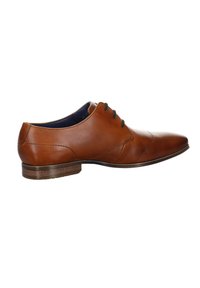 Chaussure habillée pour homme en cuir marron avec fermeture à lacets et petit talon empilé, vue de côté extérieur sur fond blanc.