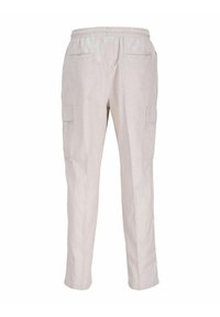 Beige Leinen-Cargohosen mit elastischem Bund, zwei Gesäßtaschen und zwei seitlichen Cargotaschen an den Oberschenkeln. Gerade Schnittführung.