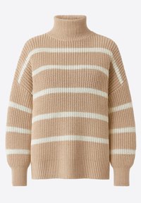 Beżowy sweter na drutach z białymi poziomymi paskami, wysokim prążkowanym kołnierzem, luźnym krojem i fakturowaną tkaniną. Prążkowane mankiety i szczegóły na dole.