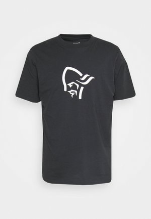 Black cotton t-shirt featuring a large white graphic of a stylized face with a headdress on the front. Classic crew neckline and short sleeves.