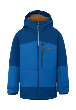 Blauwe winterjas met capuchon, ritssluiting aan de voorkant, ritssluiting op het borstzakje, verstelbare mouwbandjes en bruine binnenvoering van de capuchon.