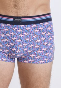 Boxer cortos para hombre en una tela azul clara con un patrón de flamencos repetido. La cinturilla elástica incluye rayas en tonos marino, rosa y azul.