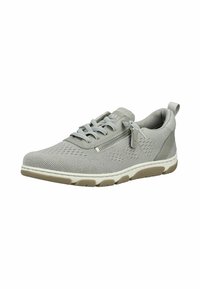 Chaussure de sport gris clair avec tige en tricot, laçage à l'avant, fermeture éclair latérale, col matelassé et semelle en caoutchouc beige.