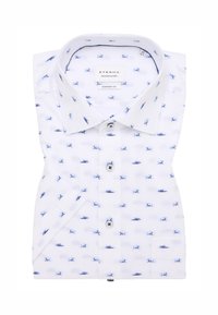 Witte shirt met een patroon van blauwe vissersboten, comfortabele pasvorm, met een klassieke kraag, knoopsluiting aan de voorkant en één borstzak.