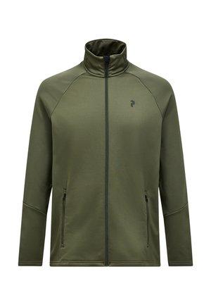 Olijfgroene zip-up jack met een hoge kraag, raglanmouwen, twee zijzakken en een klein logo op de borst. Gladde textuur.