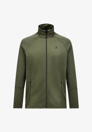Olive green zip-up jacket with a high collar, raglan sleeves, two side pockets, and a small logo on the chest. Smooth texture.