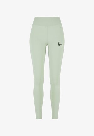 Jasnozielone legginsy z wysokim stanem, wykonane z elastycznego materiału. Posiadają czarne logo na lewym udzie. Gładka faktura, pełna długość.