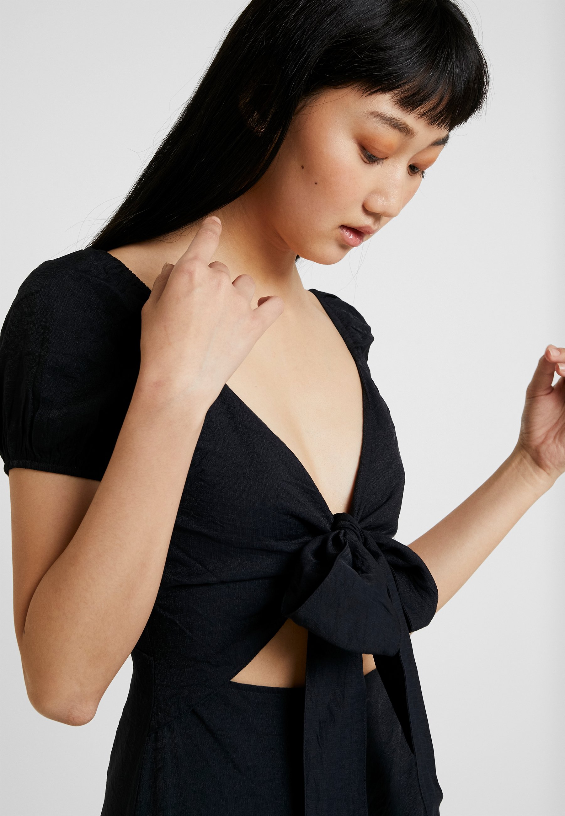 black bardot tie front midi dress