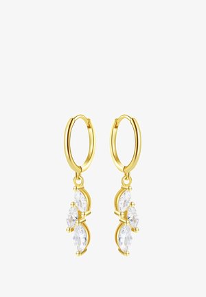 Boucles d'oreilles en or en forme de créole avec trois pierres précieuses claires taillées en marquise suspendues en arrangement vertical sur chaque boucle.