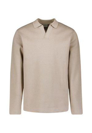 Lichtbeige pullover met een V-hals en een platte kraag, lange mouwen en een gladde, textuurstof. Eenvoudig en klassiek ontwerp.