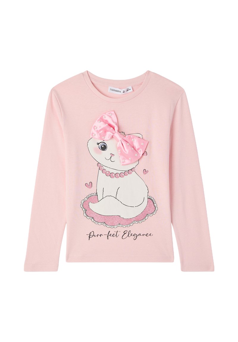 Różowa koszulka z długim rękawem z grafiką kota w dużą kropkowaną kokardą, z perłowymi akcentami i napisem "Idealna elegancja".