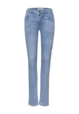 Lyseblå slim fit jeans med dobbelt knaplukning, forlommer og let falmet effekt langs lår og knæ.