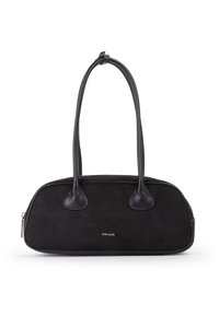 Borsa nera rettangolare con lunghe maniglie doppie, bordi arrotondati, piccola cerniera argentata e logo "MIRIADÉ" al centro della parte anteriore.