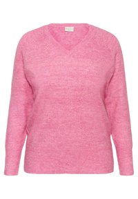 Ružový, dlhý rukáv V-výstrih sveter s mäkkou textúrou. Vyrobený z ľahkého materiálu, s mierne voľným strihom a rebrovanými manžetami.