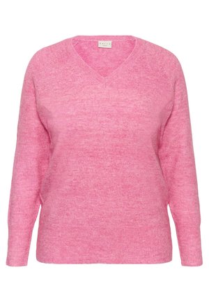 Pulover roz, cu mânecă lungă și decolteu în V, cu o textură moale. Confecționat din material ușor, având o croială ușor largă și manșete cu nervuri.