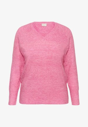 Rózsaszín, hosszú ujjú, V nyakú pulóver, puha textúrával. Könnyű anyagból készült, enyhén laza szabású, bordázott mandzsettákkal.