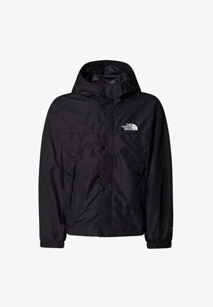 Veste noire imperméable avec capuche, fermeture à pression sur le devant et poignets élastiques. Présente un logo blanc sur la poitrine. Tissu lisse et léger.