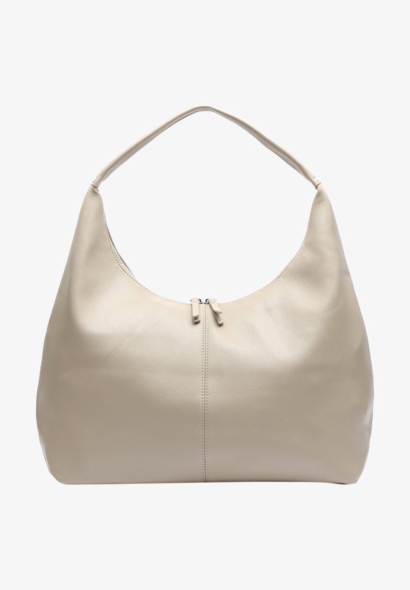 Sac à épaule en cuir beige avec une seule bandoulière et une fermeture éclair centrale sur un fond blanc uni.