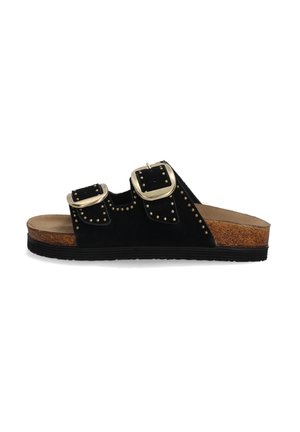 Black suede slide sandals with two large metal buckles, gold stud accents, and a cork midsole. Textured rubber outsole for grip.