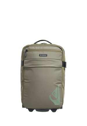 Green soft-sided suitcase with front zip pocket, top handle, and small logo on the lower right corner.