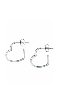 Orecchini a cerchio a forma di cuore in metallo argento lucido, caratterizzati da un design aperto e sottile con chiusura a post e retro sicuro.