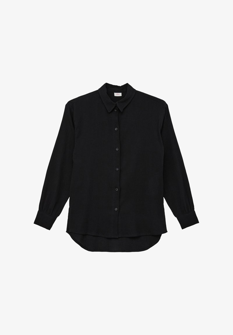 Chemise noire à manches longues avec boutons, col et ourlet incurvé, présentée à plat sur un fond blanc.