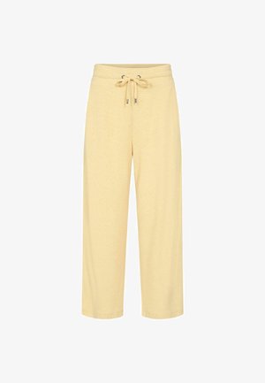 Világos sárga, texturált szövet nadrág elasztikus derékpánttal és zsinórral. Jellemzője a laza illeszkedés és a cropped hossz.