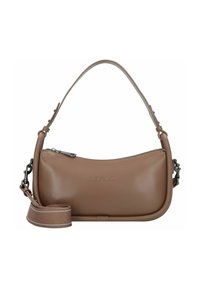Borsa a tracolla in pelle marrone con design curvo, dotata di una tracolla regolabile, chiusura a zip e logo impresso. Texture liscia con accenti minimalisti.