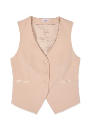 Beżowa dopasowana kamizelka bez rękawów z dekoltem w serek, czterema guzikami z przodu, dwoma poziomymi kieszeniami na suwak i gładką podszewką wewnętrzną.