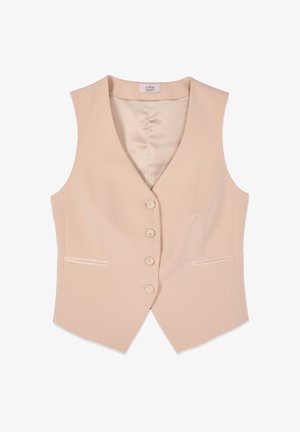Beige ærmeløs skræddersyet vest med V-hals, fire knapper foran, to vandrette slidser til lommer og en glat inderforing.