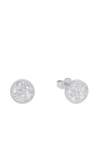 Pendientes de botón de plata redondos que presentan un conjunto de pequeños cristales transparentes engastados en un diseño de bisel pulido y elegante.
