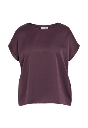 Bluzka z krótkim rękawem o luźnym kroju z satyny w głębokim fioletowym kolorze z podwiniętymi mankietami i okrągłym dekoltem.