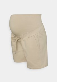 Beige těhotenské kraťasy s hladkým, elastickým pasem, stahovací šňůrkou a bočními kapsami. Měkká tkanina s uvolněným střihem.