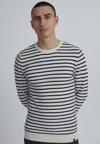 Pull en tricot rayé bleu marine et blanc avec un col rond et des poignets côtelés. Présente un design ajusté et des détails texturés sur le tissu.