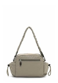 Borsa a tracolla in tessuto beige con manico intrecciato, scomparto principale con zip, tasca frontale e dettagli con cordoncino laterale. Texture liscia, design casual.