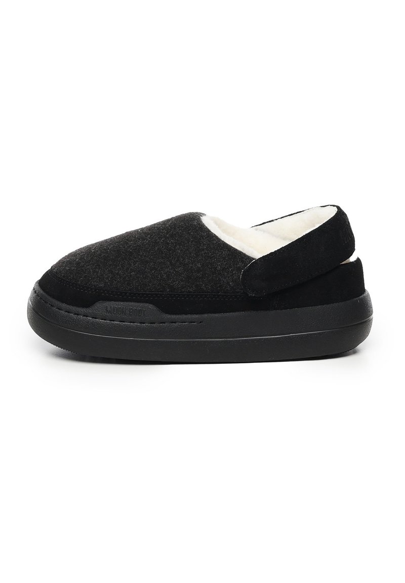 Zwarte slipper met een bovenwerk van wol, zachte witte voering en zwarte rubberen outsole. Instapmodel met ondersteuning van de achterkant van de hak.