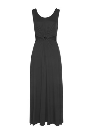 Robe noire sans manches avec un col rond, présentant un tissu froncé à la taille et un accent en découpe circulaire au centre.