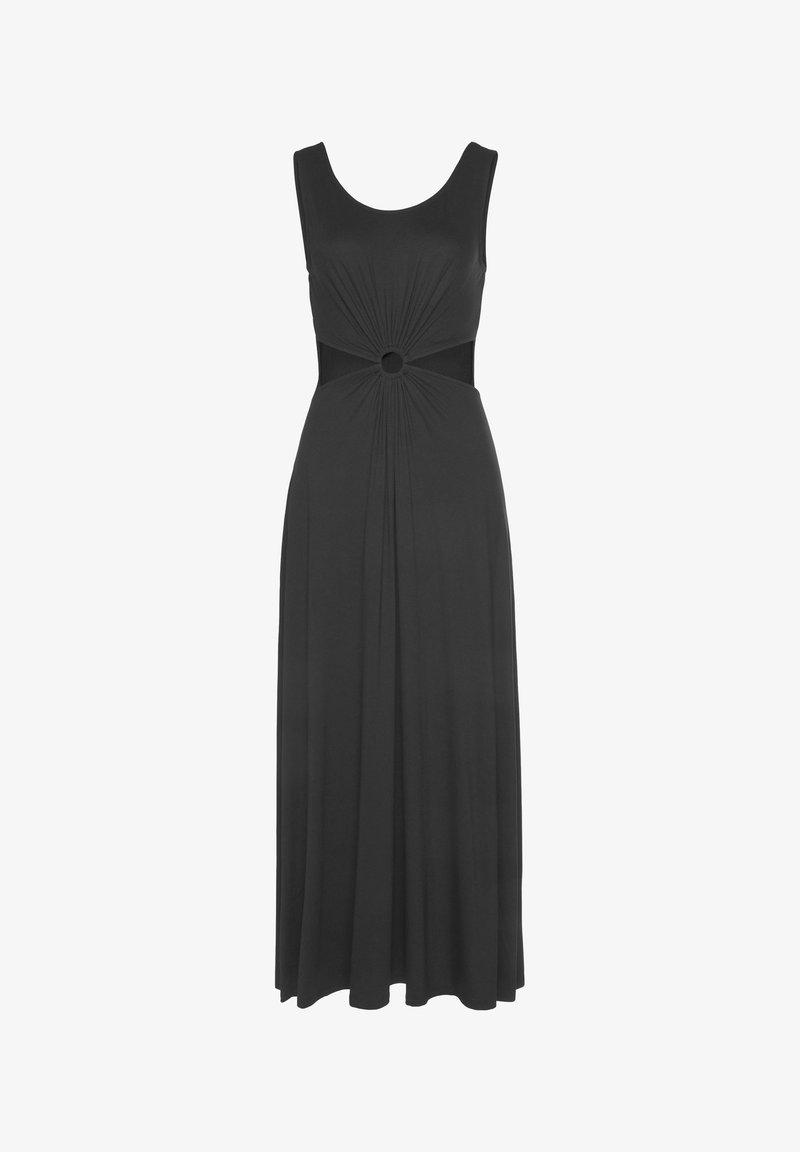 Schwarzes ärmelloses Kleid mit rundem Ausschnitt, das an der Taille gerafftes Material und ein kreisförmiges Ausschnitt-Element in der Mitte aufweist.