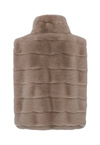 Faux fur vest in light brown with a textured, quilted pattern and high collar. Soft, plush material. No visible fastenings.