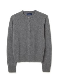 Cardigan in lana grigia con scollatura rotonda, bottoni frontali e polsini a costine. Design semplice con una texture morbida, ideale per essere indossato a strati.