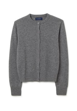 Grauer Wollcardigan mit runder Halslinie, Knöpfen vorne und gerippten Bündchen. Einfaches Design mit weicher Textur, ideal zum Layering.
