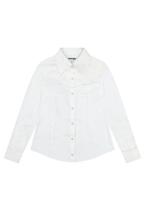 White long-sleeve shirt made of smooth fabric, featuring a button-down front, pointed collar, and subtle embroidery on sleeves.